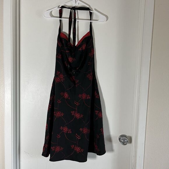VTG Y2K Rampage Halter Dress Black Red Foral Embroidered Sweetheart Neck Sz 7 - Picture 2 of 12